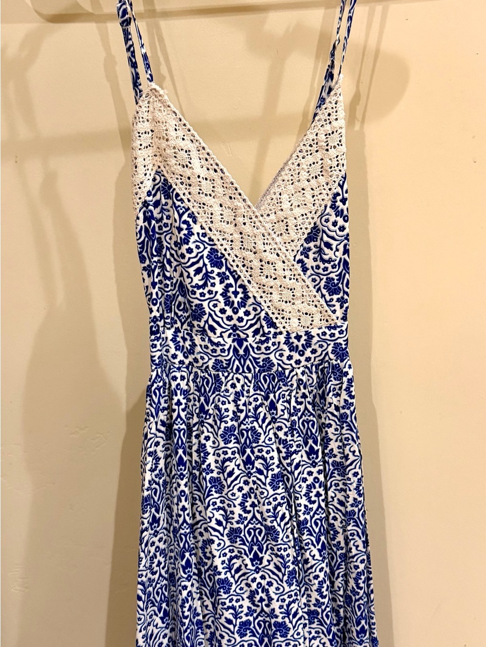 Paper Crane White and Blue Crochet-Trim Strap Dress